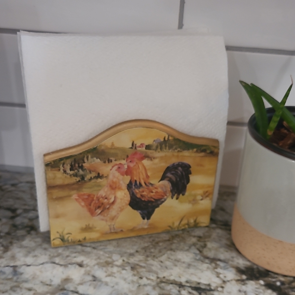 Vintage Rustic Rooster and Hen Napkin Holder Grannycore Cottage Farm